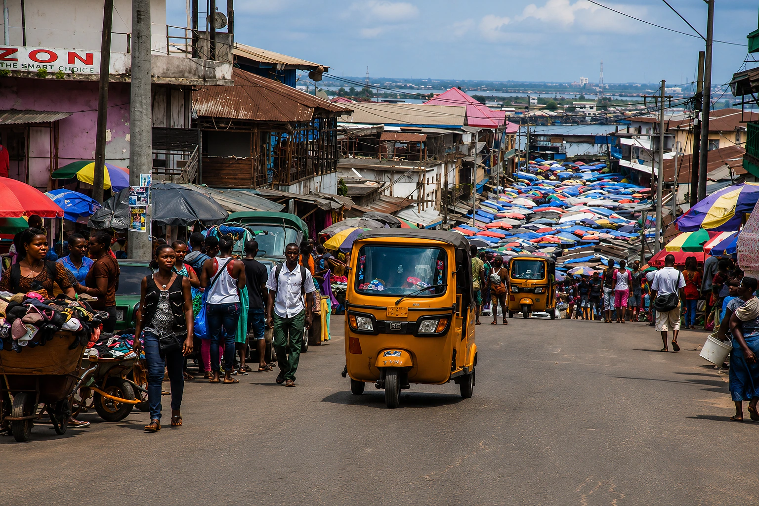 Busy street market scene in central Monrovia
