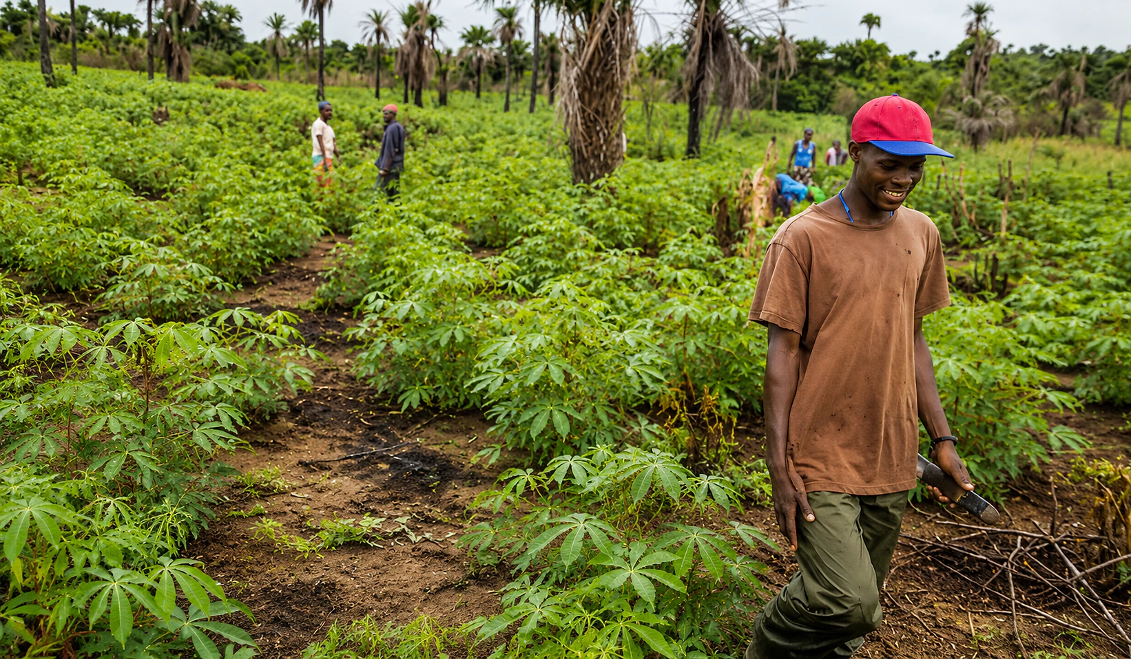 Farmer tending crops in a rural Liberian field